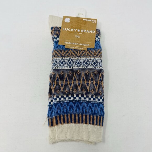 Lucky Brand Womens Size 9-11 Jacquard Pyramid Hi Crew Trouser Socks Ivory/Blue - Picture 2 of 6